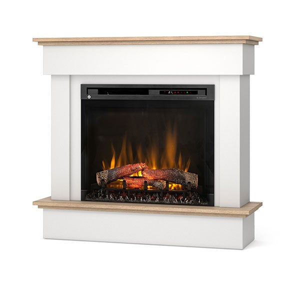 Camino Elettrico Riscaldante Da Pavimento Autoportante a LED - 28" - Bianco opaco / Rovere chiaro - 111,5 x 102 x 33,5 - TORMES