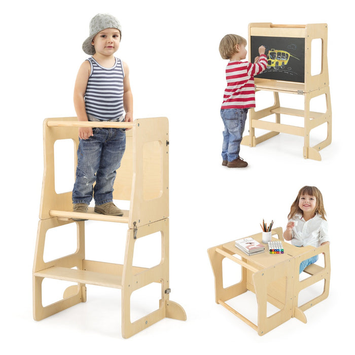 Torre apprendimento da cucina pieghevole per bambini 3 in 1, Sgabello montessori per bambini con lavagna Naturale-Tavoli e sedie