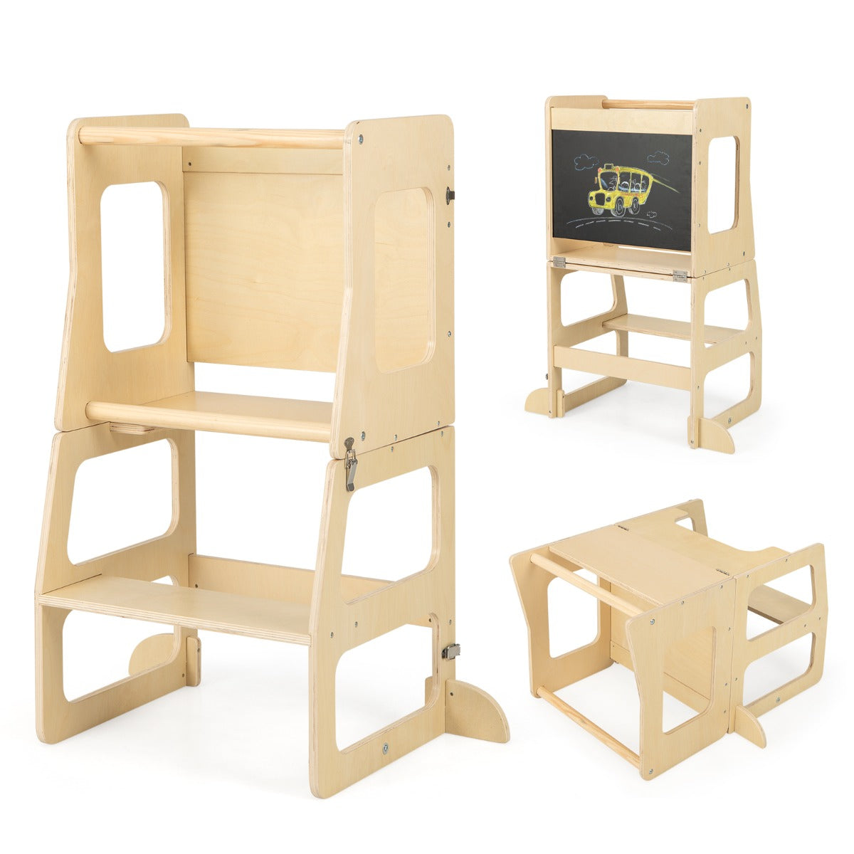 Torre apprendimento da cucina pieghevole per bambini 3 in 1, Sgabello montessori per bambini con lavagna Naturale-Tavoli e sedie