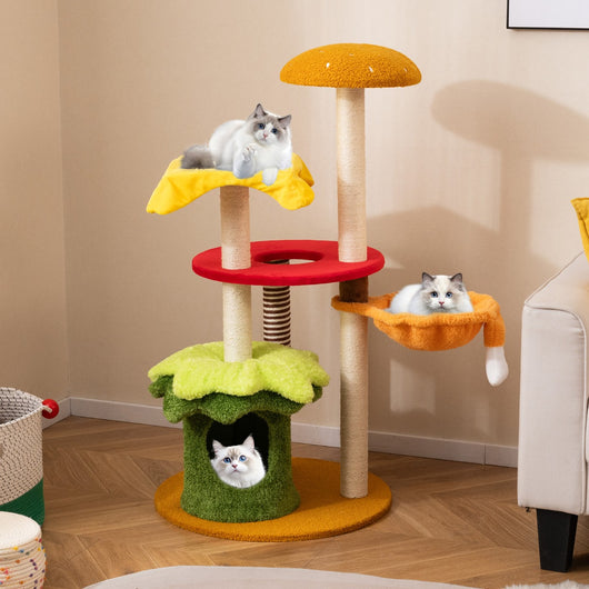 Torre multi-livello per gatti a tema hamburger con letto a cestino sospeso, Albero per gatti 117 cm tiragraffi in sisal Verde-Alberi Tiragraffi