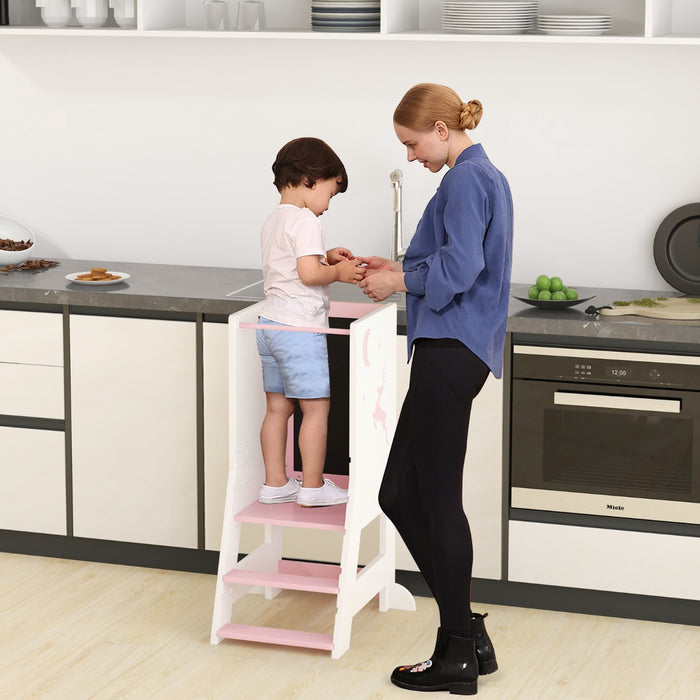 Torre per bambini con 3 penne lavagna bianca e nera piattaforma e gradino regolabili, Sgabello per bambini porta 70kg Rosa-Per i bambini
