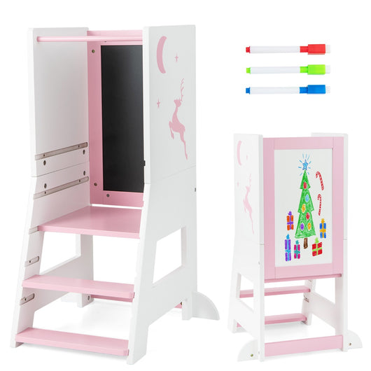 Torre per bambini con 3 penne lavagna bianca e nera piattaforma e gradino regolabili, Sgabello per bambini porta 70kg Rosa-Per i bambini