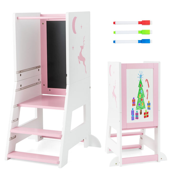 Torre per bambini con 3 penne lavagna bianca e nera piattaforma e gradino regolabili, Sgabello per bambini porta 70kg Rosa-Per i bambini