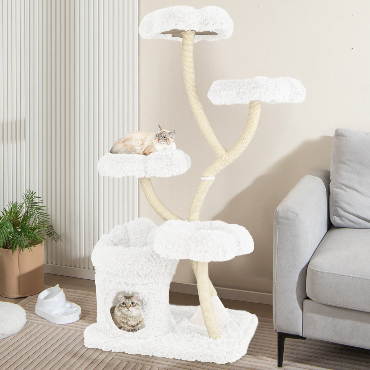 Torre per gatti autoportante tiragraffi in sisal, Albero per gatti con 4 piattaforme a forma di fiore Bianco-Alberi Tiragraffi