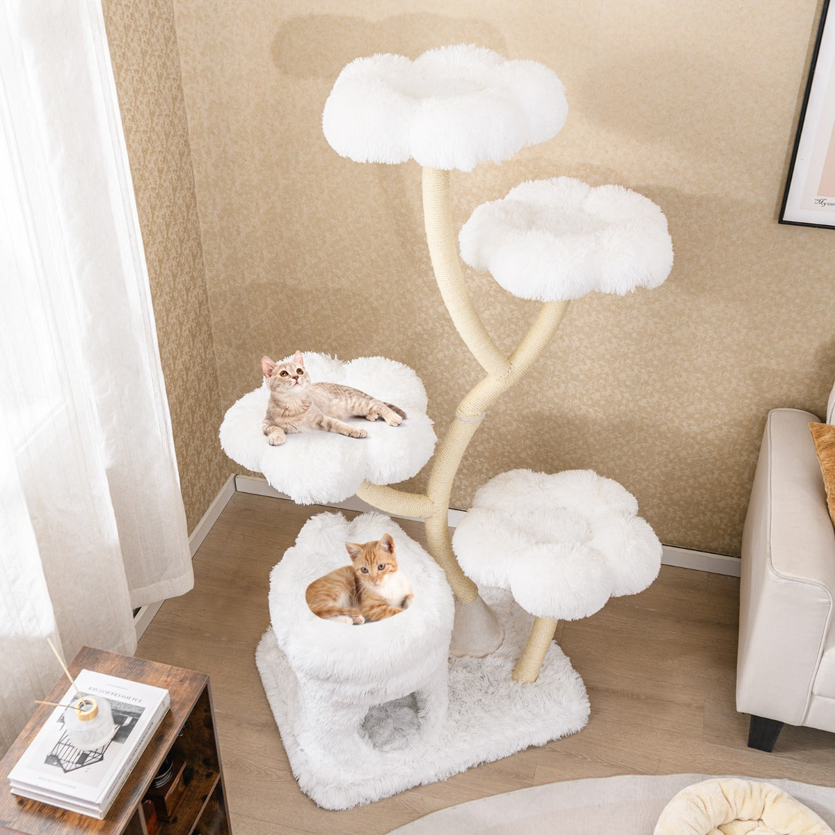 Torre per gatti autoportante tiragraffi in sisal, Albero per gatti con 4 piattaforme a forma di fiore Bianco-Alberi Tiragraffi