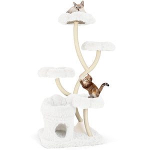 Torre per gatti autoportante tiragraffi in sisal, Albero per gatti con 4 piattaforme a forma di fiore Bianco-Alberi Tiragraffi