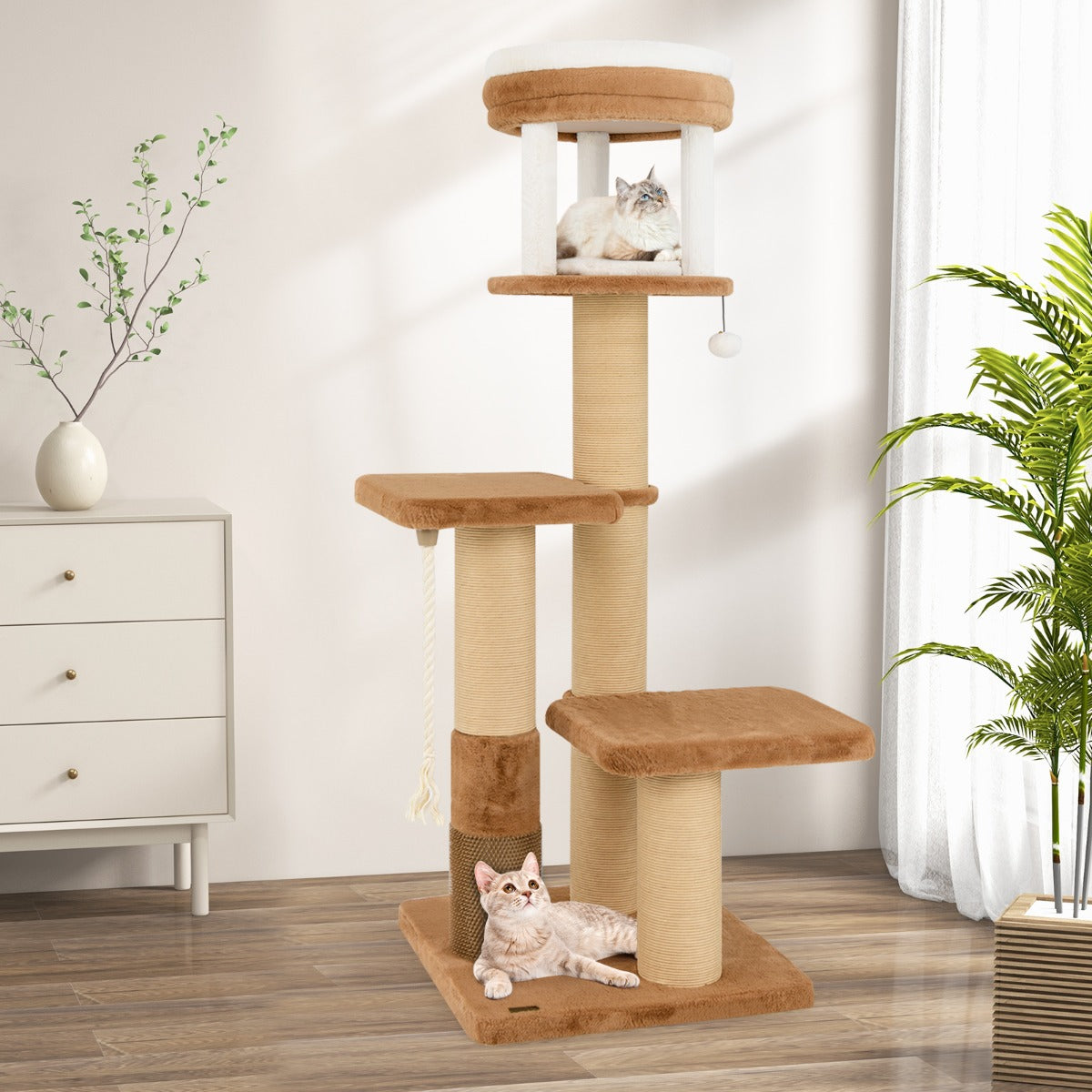 Torre per gatti alta 164cm con ripiano imbottito, Albero per gatti multi-livello con piattaforme per saltare Marrone-Alberi Tiragraffi