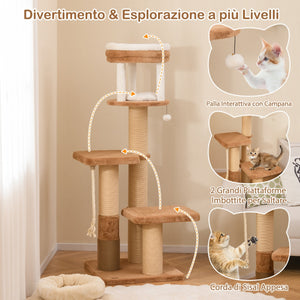 Torre per gatti alta 164cm con ripiano imbottito, Albero per gatti multi-livello con piattaforme per saltare Marrone-Alberi Tiragraffi