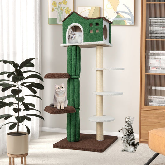 Torre per gatti alta 153cm con condominio con tira graffi rivestito in sisal 5 piattaforme, Albero per gatti Verde-Alberi Tiragraffi