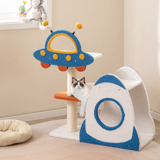 Torre per gatti a 4 livelli con piattaforma a UFO, Mobili per gatti per spazi piccoli con condo a forma di razzo-Alberi Tiragraffi
