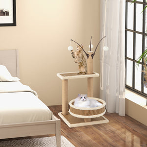 Torre per gatti da interno con tappetino in rattan 3 giocattoli pendente pali tiragraffi, Albero per gatti alto 80cm-Alberi Tiragraffi