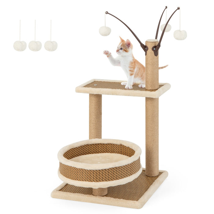 Torre per gatti da interno con tappetino in rattan 3 giocattoli pendente pali tiragraffi, Albero per gatti alto 80cm-Alberi Tiragraffi