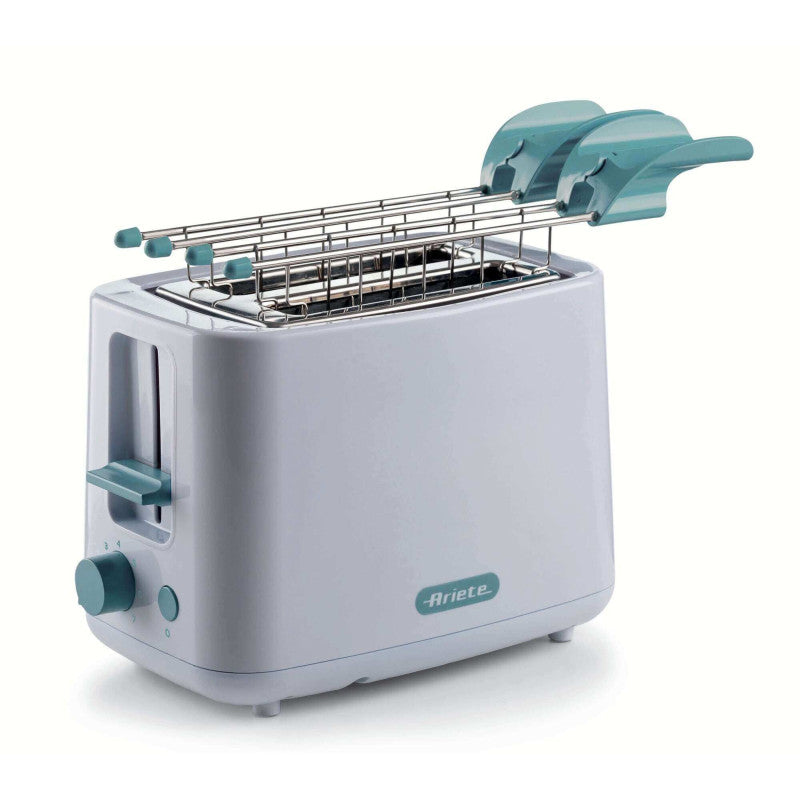 Tostapane 760W, capacità 2 fette di pane, 7 livelli di doratura, pinze inox - White & Aegean Teal