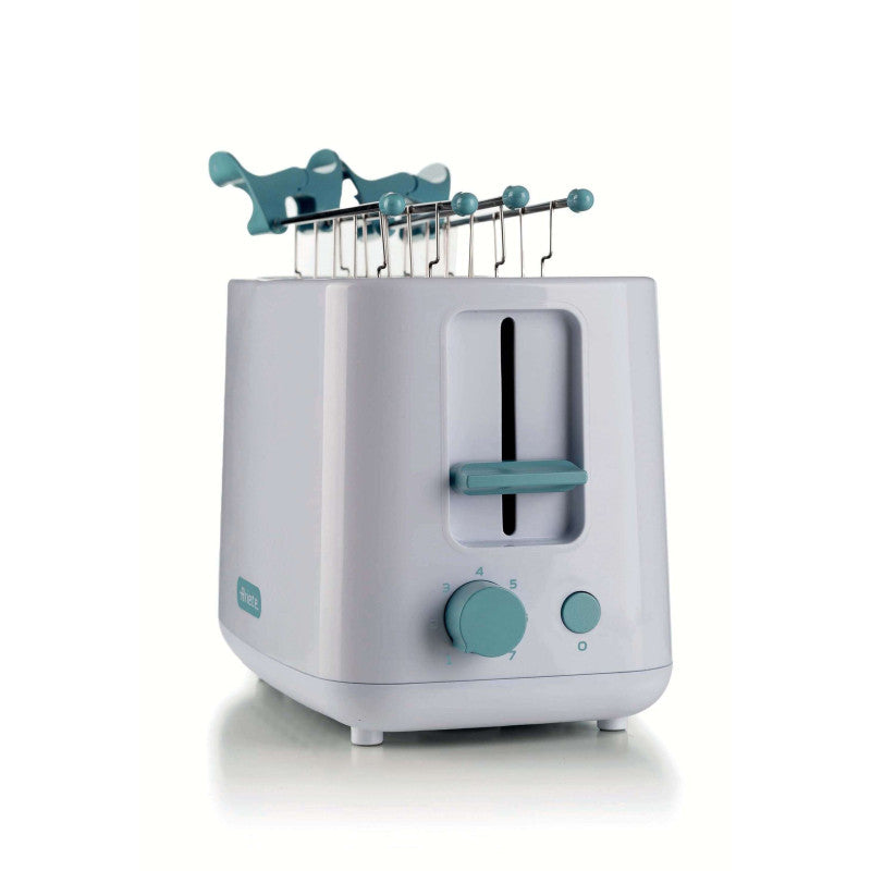 Tostapane 760W, capacità 2 fette di pane, 7 livelli di doratura, pinze inox - White & Aegean Teal