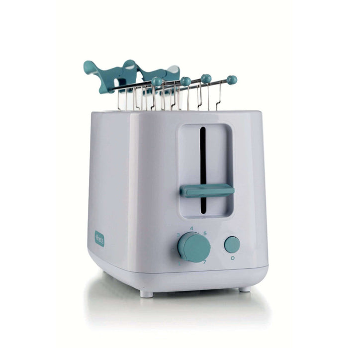 Tostapane 760W, capacità 2 fette di pane, 7 livelli di doratura, pinze inox - White & Aegean Teal