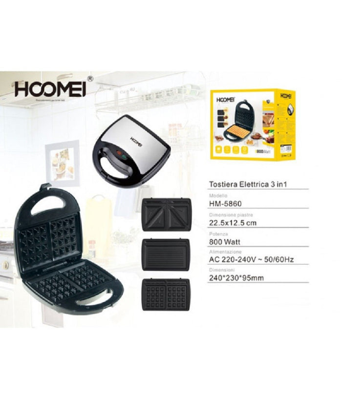 Tostiera Elettrica 3in1 800 Watt Piastre Removibili Grill Sandwich Waffle Toast         