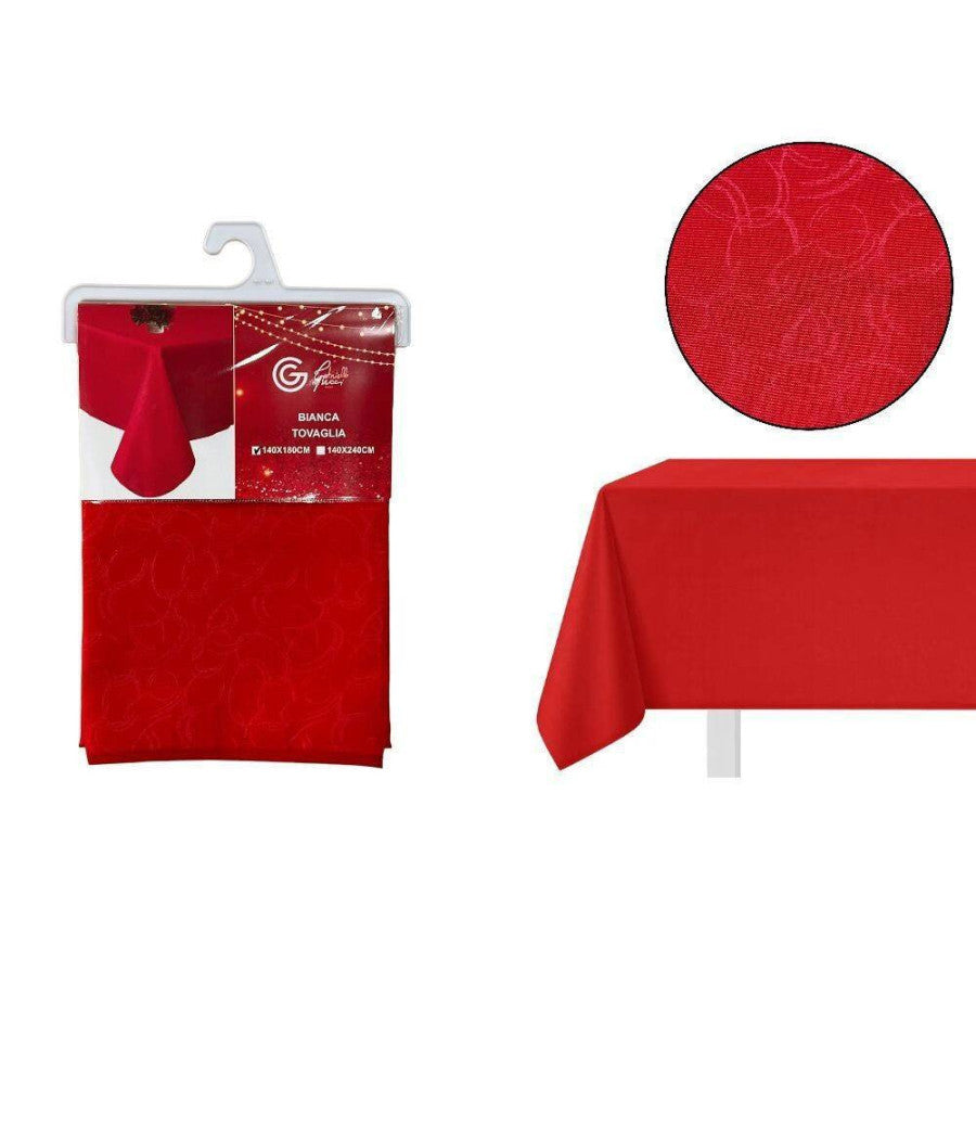 Tovaglia Natalizia Tessuto Rosso Tinta Unita Natale Capodanno 12 Posti 140x240cm         
