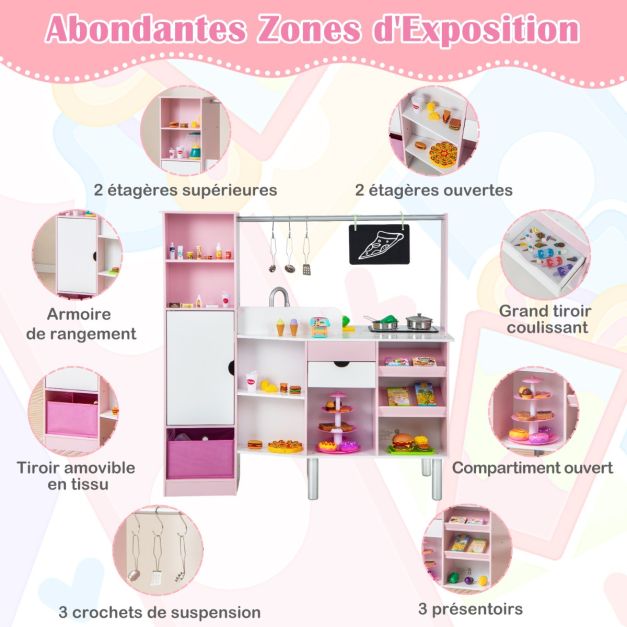 Cucina per bambini e negozio di alimentari Cucina da gioco 2 in 1 su entrambi i lati con luci e suoni realistici Macchina per il ghiaccio Lavagna 82 accessori inclusi Rosa 20_0008375