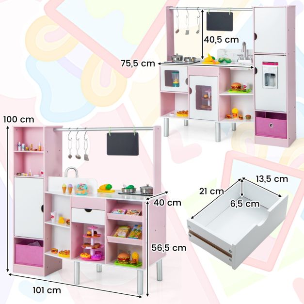 Cucina per bambini e negozio di alimentari Cucina da gioco 2 in 1 su entrambi i lati con luci e suoni realistici Macchina per il ghiaccio Lavagna 82 accessori inclusi Rosa 20_0008375