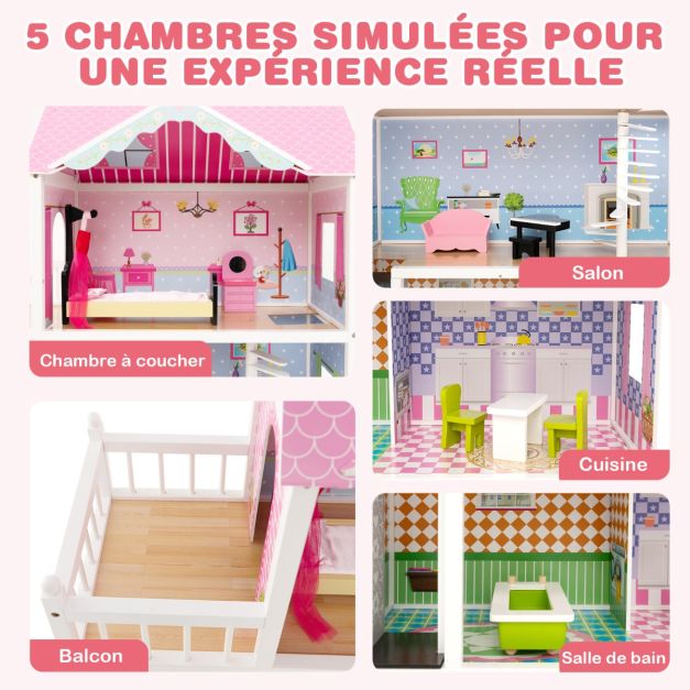 Casa delle bambole in legno a 3 piani con 5 stanze e ascensore e scala girevole con adesivi e 10 mobili per bambini dai 3 anni in su rosa 20_0006742