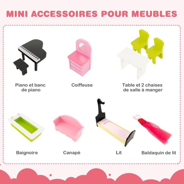 Casa delle bambole in legno a 3 piani con 5 stanze e ascensore e scala girevole con adesivi e 10 mobili per bambini dai 3 anni in su rosa 20_0006742