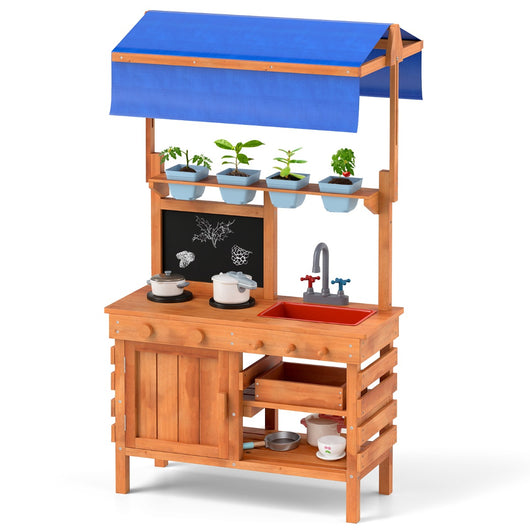 Cucina da gioco in legno cucina da gioco con tetto regolabile, Lavagna tazze per piante fornelli Naturale 136x77x56,5 cm-Cucine giocattoli