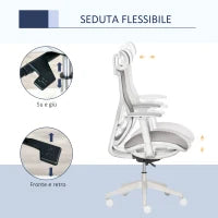 Sedia Ergonomica da Ufficio con Poggiatesta, Inclinazione e Altezza Regolabile, Poltrona Girevole Basculante con Ruote e Schiena in Rete, 67x65x120-128cm, Grigio