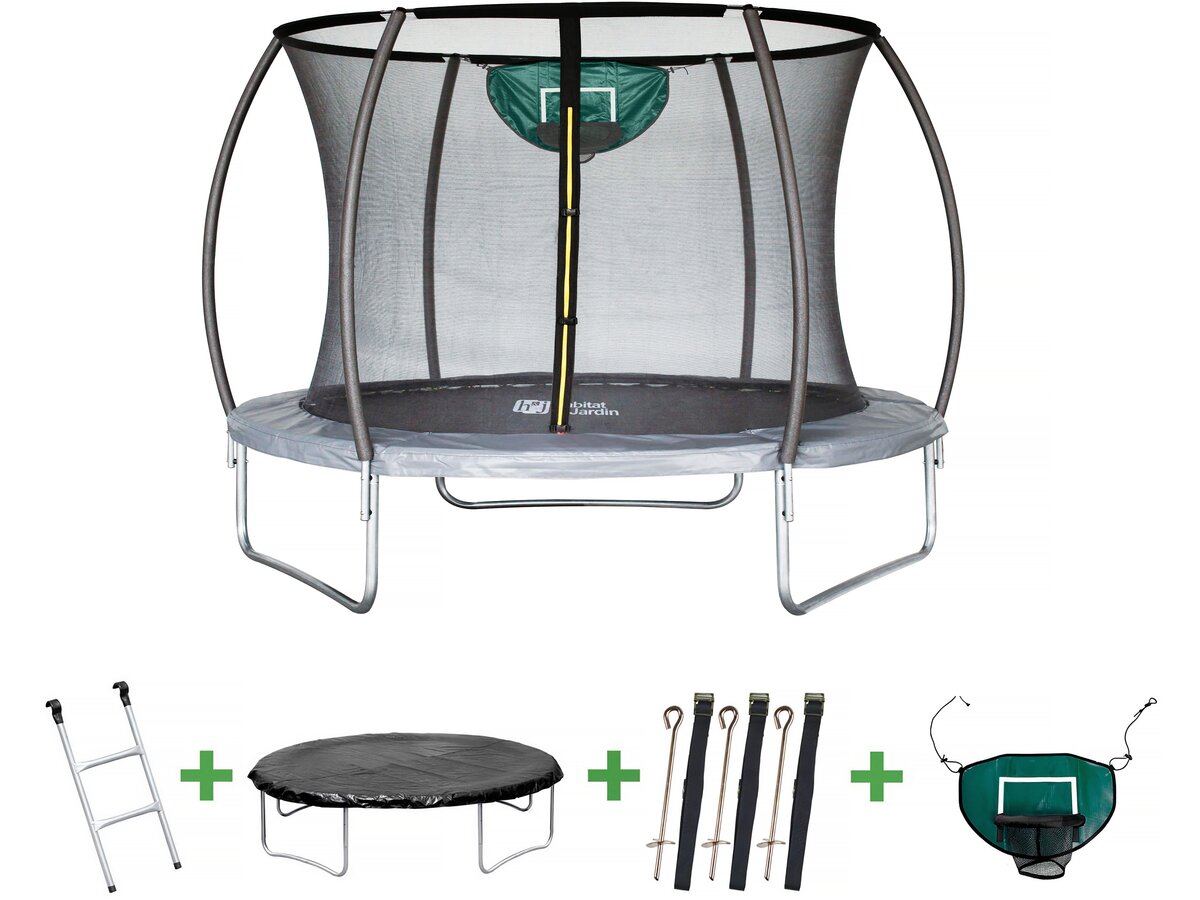 Trampolino con rete interna e canestro "jumper" Ø3,70 m - Grigio