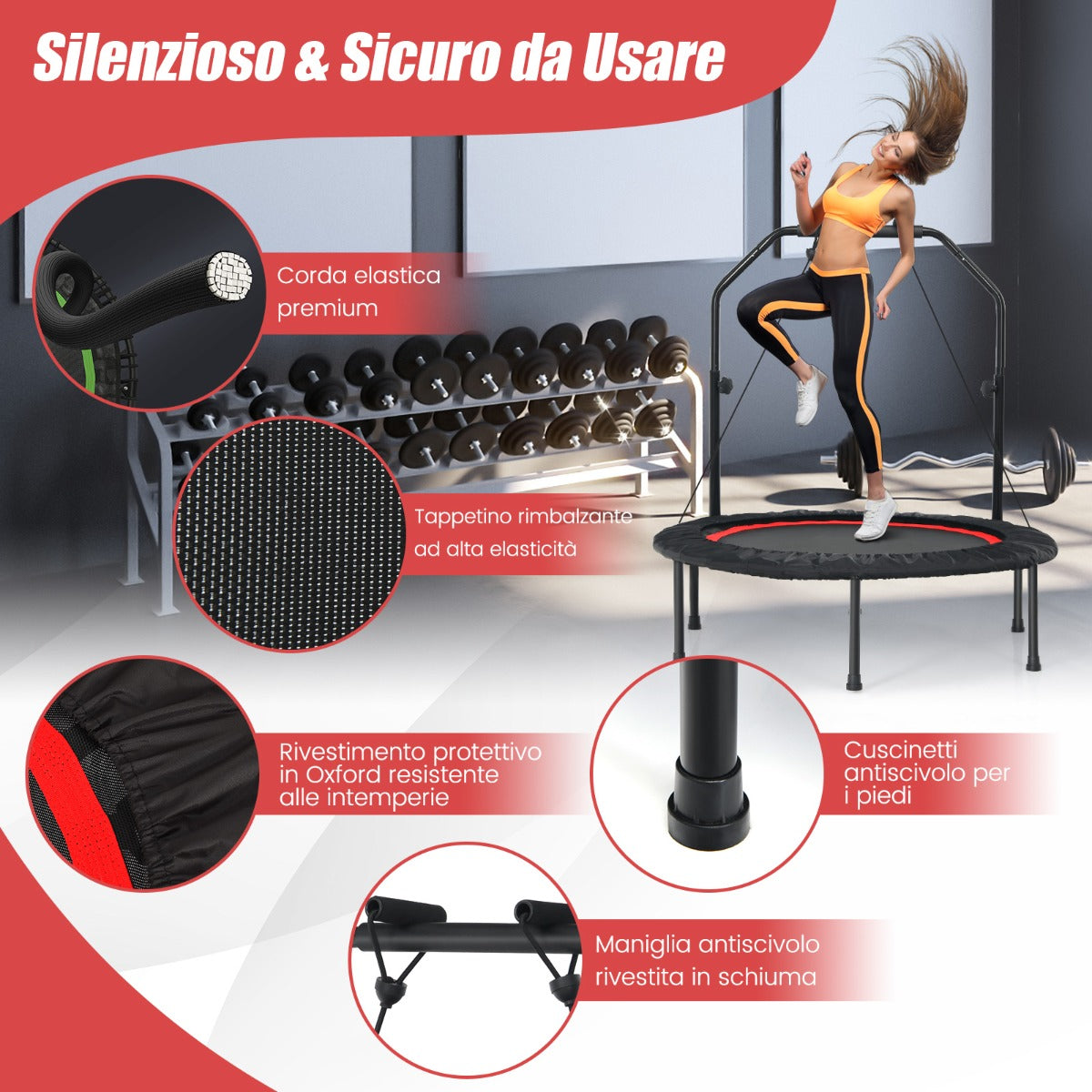 Trampolino pieghevole 101 cm con 2 bande di resistenza per bambini e adulti, Trampolino con maniglia regolabile in altezza Rosso-Trampolini