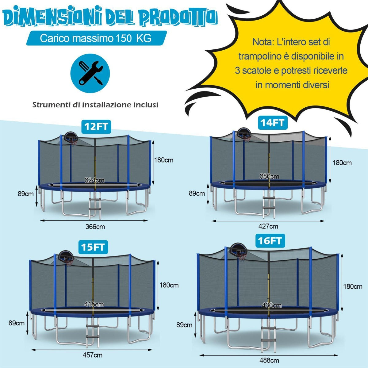 Trampolino con canestro rete di protezione tappetino di sicurezza 72 molle, Trampolino per bambini e adulti-Trampolini