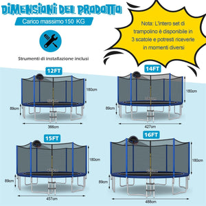 Trampolino con canestro rete di protezione tappetino di sicurezza 72 molle, Trampolino per bambini e adulti-Trampolini