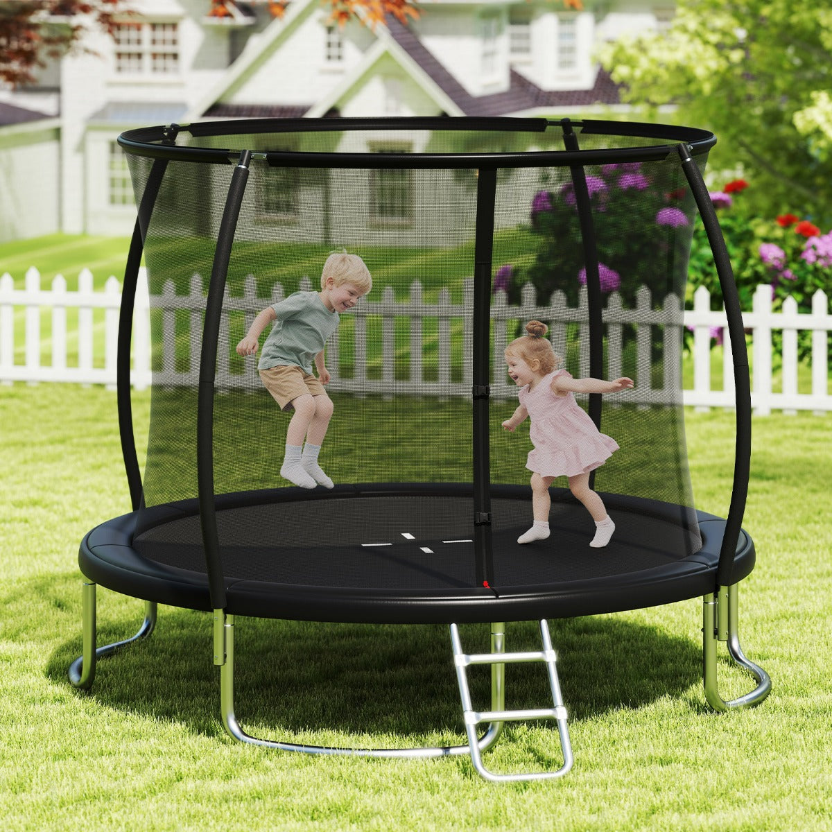 Trampolino da esterno 366 cm con rete di sicurezza e scala, Trampolino ricreativo pesante per bambini e adulti Nero-Trampolini