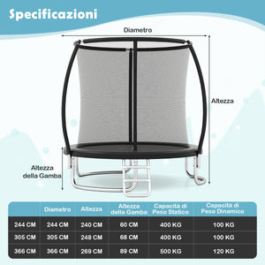 Trampolino da esterno 366 cm con rete di sicurezza e scala, Trampolino ricreativo pesante per bambini e adulti Nero-Trampolini