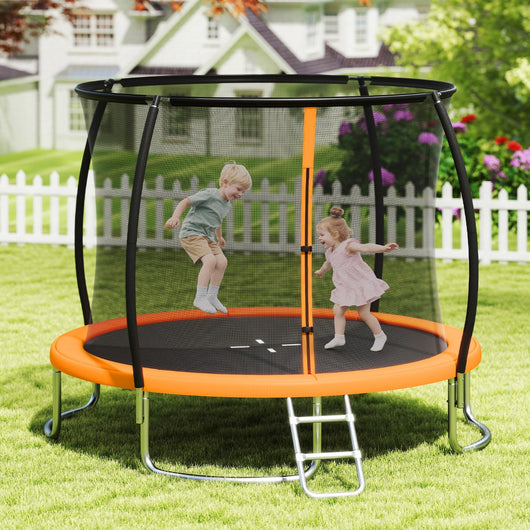 Trampolino da esterno 305 cm con rete di sicurezza e scala, Trampolino ricreativo pesante per bambini e adulti Arancione-Trampolini