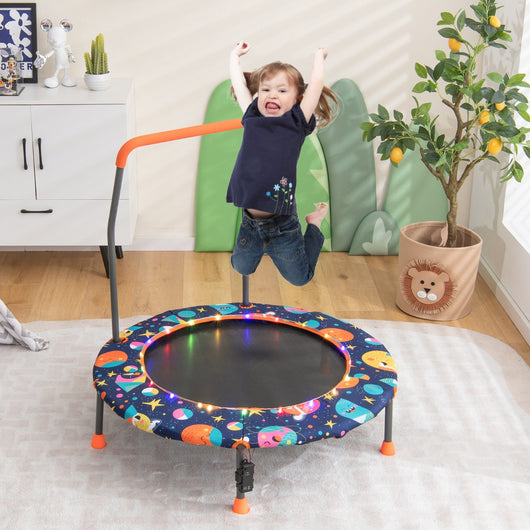 Trampolino per bambini da 92 cm con luci led tappeto rotondo per saltare, Mini trampolino per bambini 3-6 anni Blu scuro-Trampolini