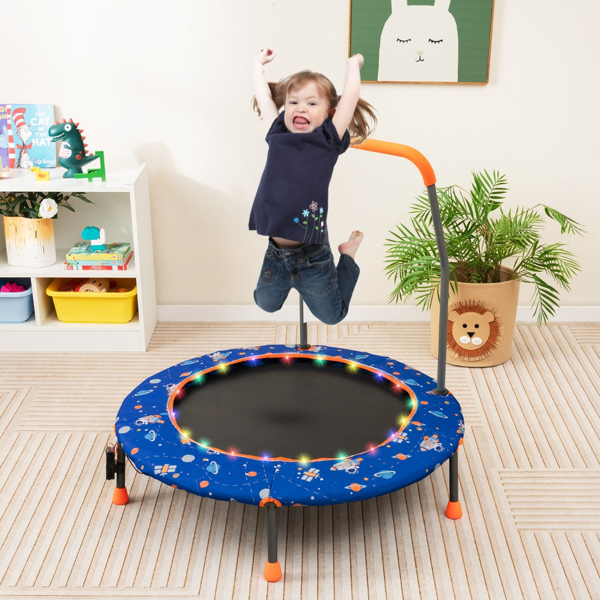 Trampolino per bambini da 92 cm con luci led tappeto rotondo per saltare, Mini trampolino per bambini 3-6 anni Blu-Trampolini
