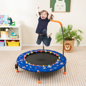 Trampolino per bambini da 92 cm con luci led tappeto rotondo per saltare, Mini trampolino per bambini 3-6 anni Blu-Trampolini