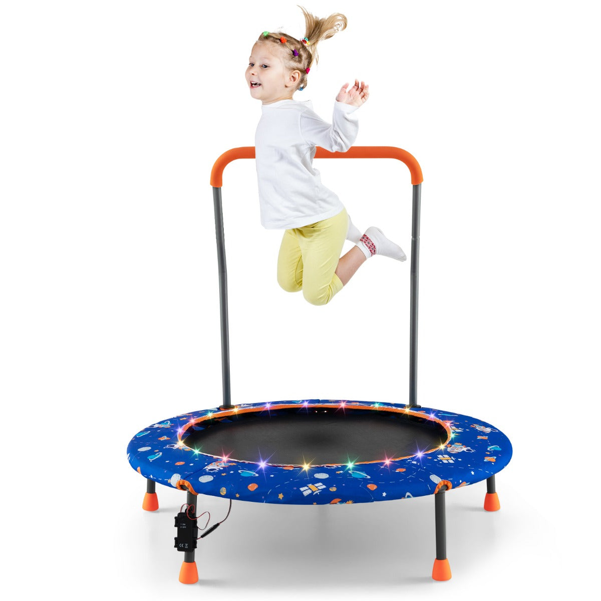 Trampolino per bambini da 92 cm con luci led tappeto rotondo per saltare, Mini trampolino per bambini 3-6 anni Blu-Trampolini
