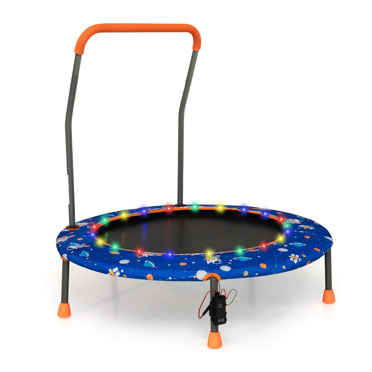Trampolino per bambini da 92 cm con luci led tappeto rotondo per saltare, Mini trampolino per bambini 3-6 anni Blu-Trampolini