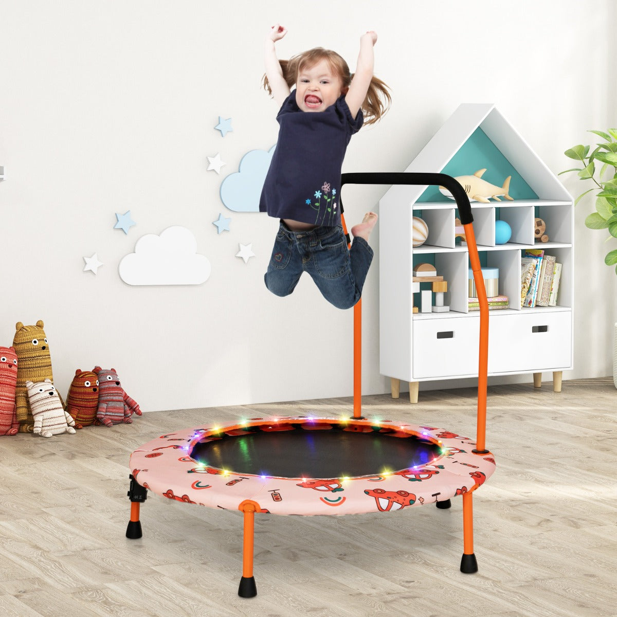 Trampolino per bambini da 92 cm con luci led tappeto rotondo per saltare, Mini trampolino per bambini 3-6 anni Arancione-Trampolini