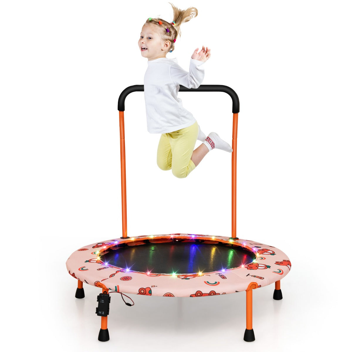 Trampolino per bambini da 92 cm con luci led tappeto rotondo per saltare, Mini trampolino per bambini 3-6 anni Arancione-Trampolini