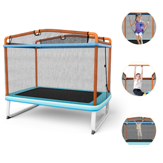 Trampolino per bambini con rete di protezione altalena barra orizzontale, Trampolino da esterno 190x124x222cm Arancione-Trampolini