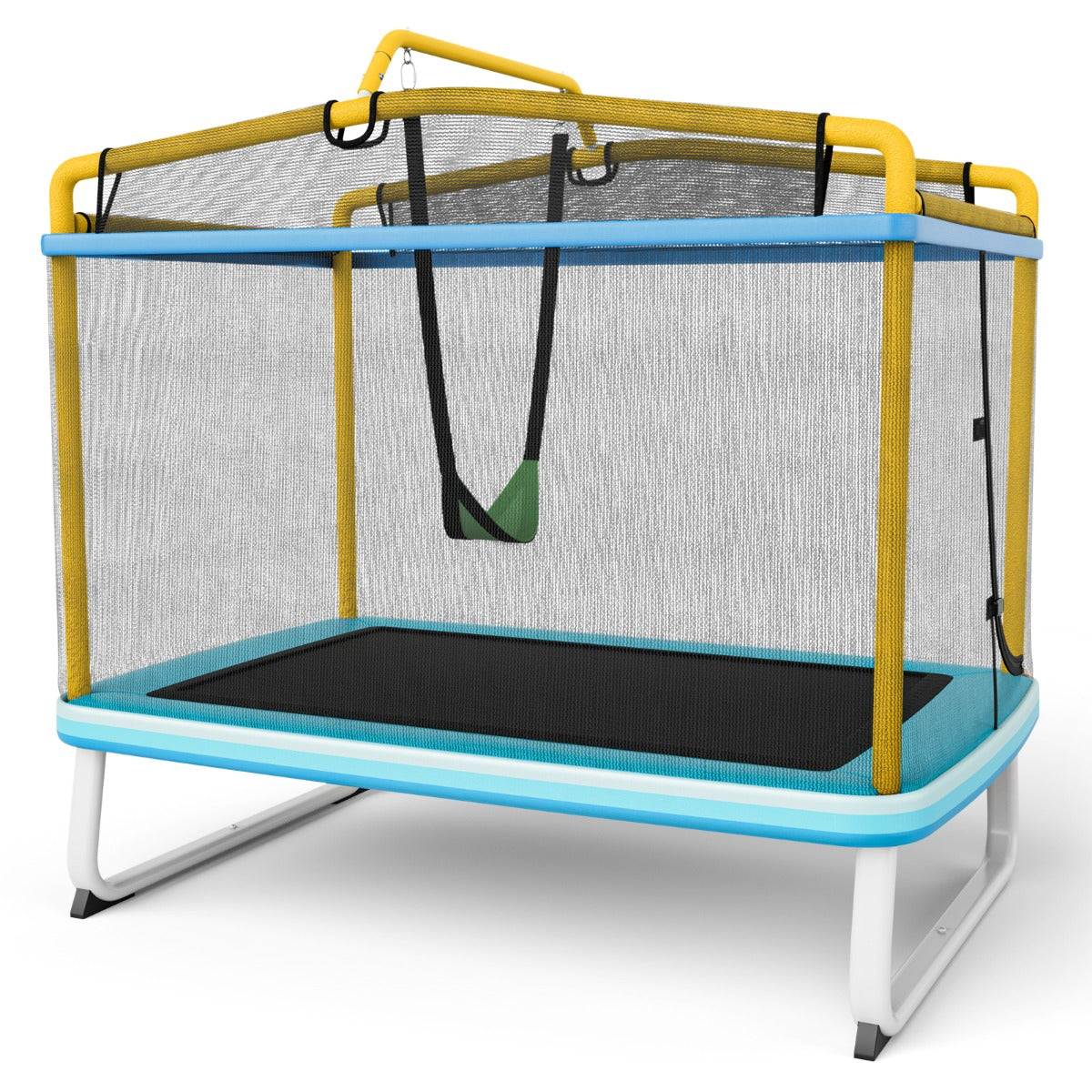 Trampolino per bambini con rete di protezione altalena barra orizzontale, Trampolino da esterno 190x124x222cm Giallo-Trampolini