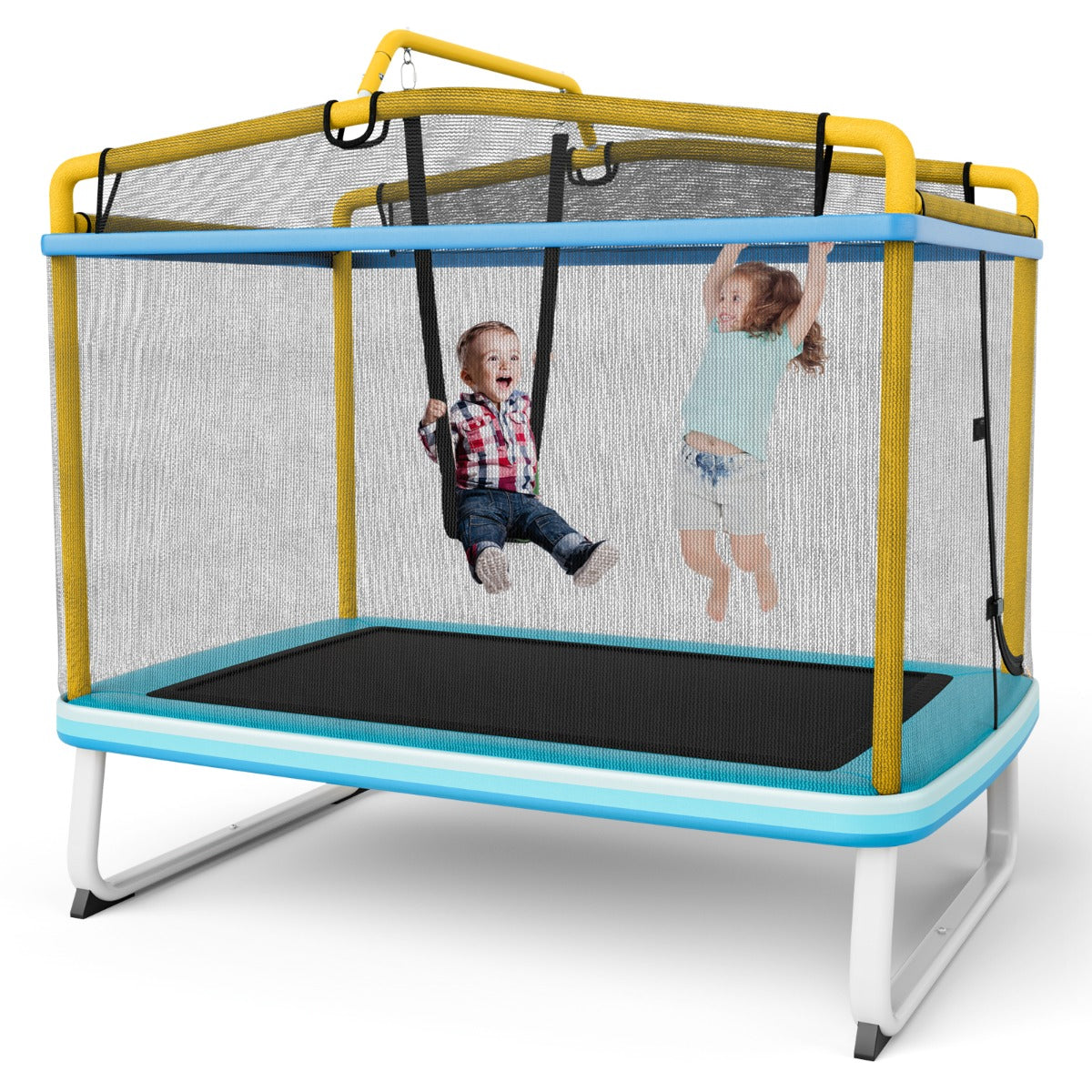 Trampolino per bambini con rete di protezione altalena barra orizzontale, Trampolino da esterno 190x124x222cm Giallo-Trampolini