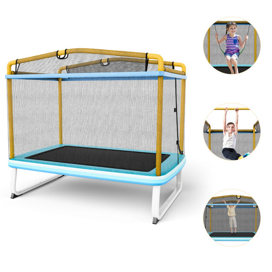 Trampolino per bambini con rete di protezione altalena barra orizzontale, Trampolino da esterno 190x124x222cm Giallo-Trampolini