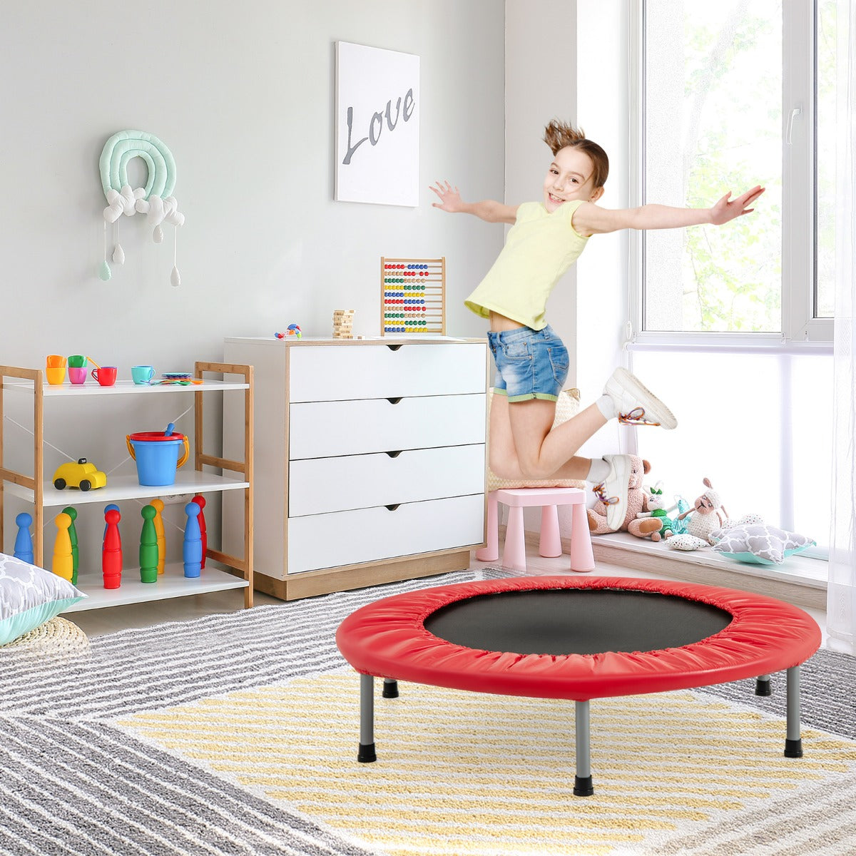 Trampolino pieghevole per bambini con carico massimo 150kg, Mini trampolino portatile per interno Rosso-Trampolini