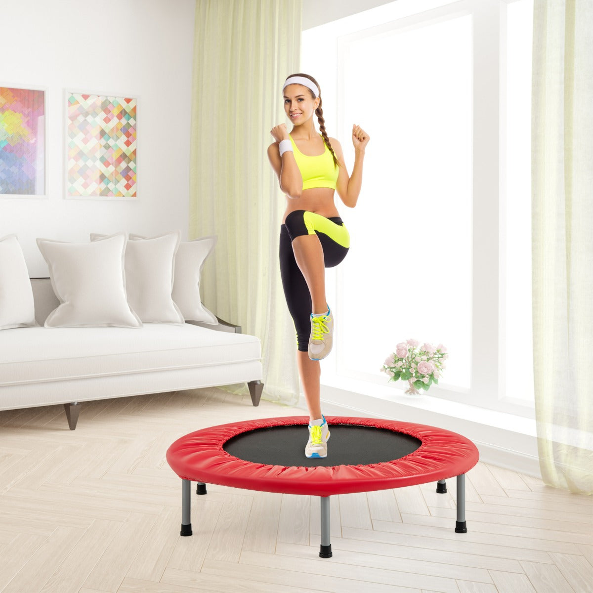 Trampolino pieghevole per bambini con carico massimo 150kg, Mini trampolino portatile per interno Rosso-Trampolini