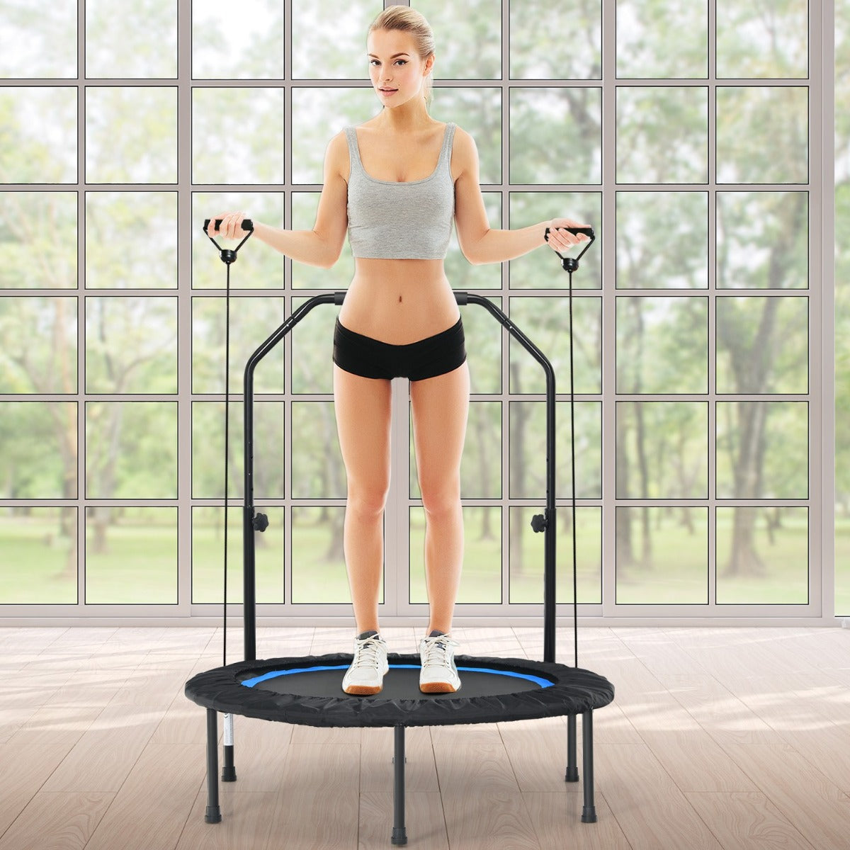 Trampolino pieghevole 101 cm con 2 bande di resistenza per bambini e adulti, Trampolino con maniglia regolabile in altezza Nero e blu-Trampolini