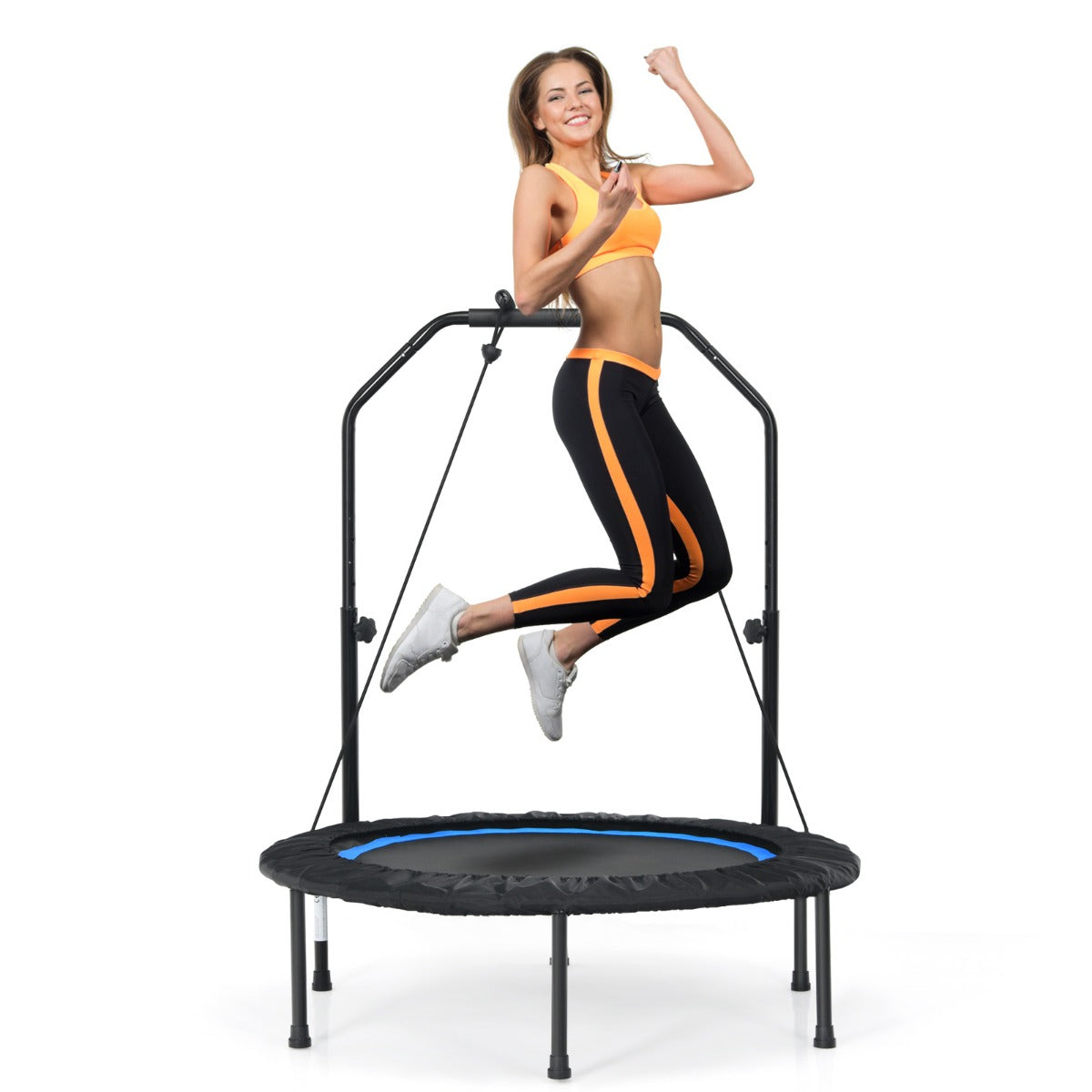 Trampolino pieghevole 101 cm con 2 bande di resistenza per bambini e adulti, Trampolino con maniglia regolabile in altezza Nero e blu-Trampolini