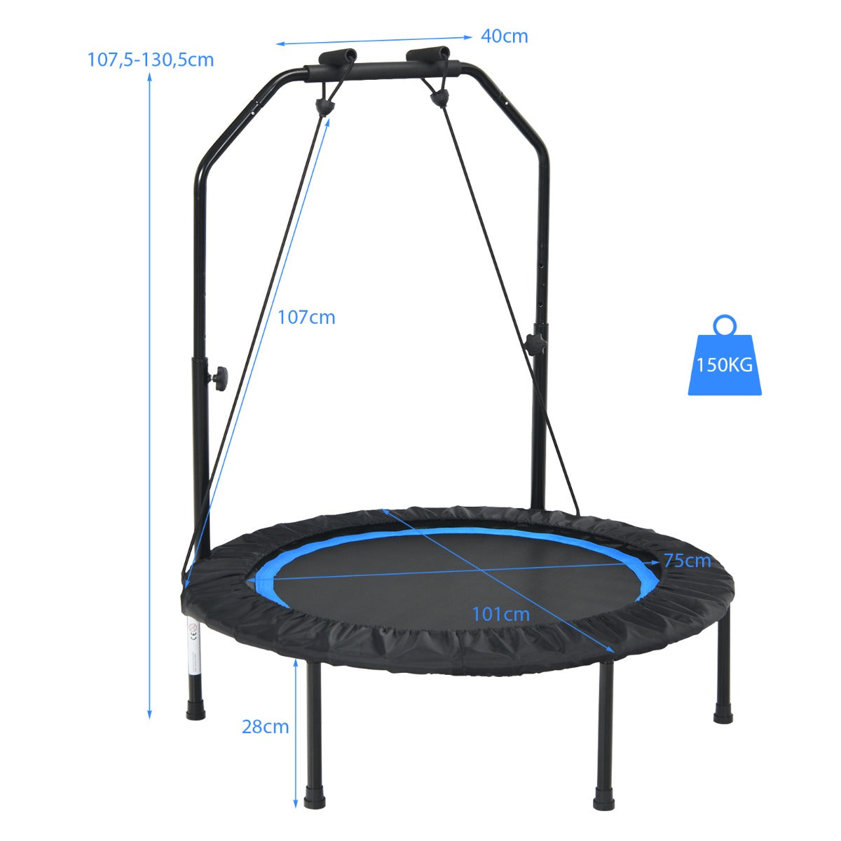 Trampolino pieghevole 101 cm con 2 bande di resistenza per bambini e adulti, Trampolino con maniglia regolabile in altezza Nero e blu-Trampolini